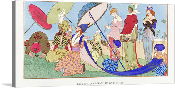 “L’Encens, Le Cinname et la Myrrhe (1914)” is a stunning piece of art that captures the essence of elegance and opulence. The artwork depicts six characters engaging in what appears to be an exchange or offering of gifts. The characters are dressed in elaborate and colorful clothing reminiscent of historical or fantastical attire. Three large umbrellas or parasols with intricate designs are held above some characters, providing shade.