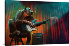  Immerse yourself in the soul-stirring artwork of “Monkey Music”. This captivating print captures a chimpanzee, lost in the throes of a musical masterpiece, guitar in hand. The vibrant hues of red and green cascade in the background, illuminating the passionate performance.