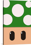 This artwork is a playful and nostalgic tribute to the classic video game, Super Mario. The “Nintendo Mushroom” art print features the instantly recognizable green mushroom adorned with white spots, rendered in vibrant colors and crisp lines. The mushroom’s stem is depicted in beige color, while two black oval shapes with white highlights serve as eyes, giving character to this whimsical piece. 