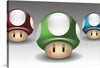 This artwork is a vibrant and playful tribute to the classic video game, Super Mario. The “Nintendo Mushrooms” art print features three stylized mushrooms reminiscent of those found in Nintendo games. Each mushroom has a distinct color: red with white spots, green with white spots, and blue with white spots. They have cute facial features including eyes and mouth which are simple yet expressive. The mushrooms are glossy and have a 3D appearance making them look lively. 