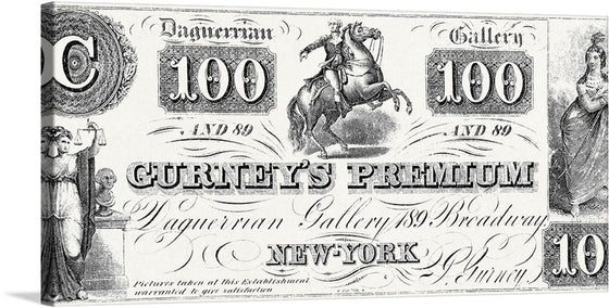 Experience the beauty of art and history with Jeremiah Gurney’s “Daguerreian Scrip (1840-1852)”. This beautiful print features a detailed illustration of a banknote with intricate designs and figures.