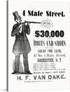 H.F. Van Dake. 4 State Street(1859)” is a vintage advertisement for a shoe sale at “4 State Street” in Rochester, New York. The advertisement features a well-dressed man, possibly Henry F. Van Dake, shooting a rifle that emits a cloud of smoke filled with many number 4s and the address “4 State Street”. 