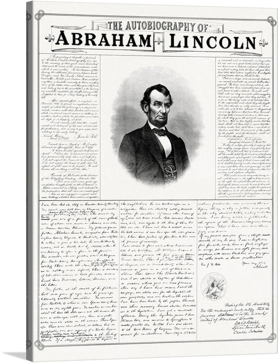 Immerse yourself in the rich history of one of America’s most revered presidents with this exquisite print of “The Autobiography of Abraham Lincoln.” Every stroke of ink and eloquent word penned by Lincoln himself is captured with stunning clarity, offering a glimpse into the mind and soul of a leader whose wisdom and resolve shaped a nation. The centerpiece, an iconic portrait, though obscured for privacy, still emanates the dignified presence that defined Lincoln’s character. 