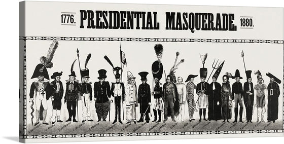 “Presidential Masquerade” is a captivating aesthetic print that transports you back to a pivotal era spanning from 1776 to 1880. Each character, meticulously crafted, represents an iconic figure in history, their attire and posture echoing the essence of their time. The monochromatic palette is punctuated by intricate details, weaving a narrative that is as complex as it is visually stunning. 