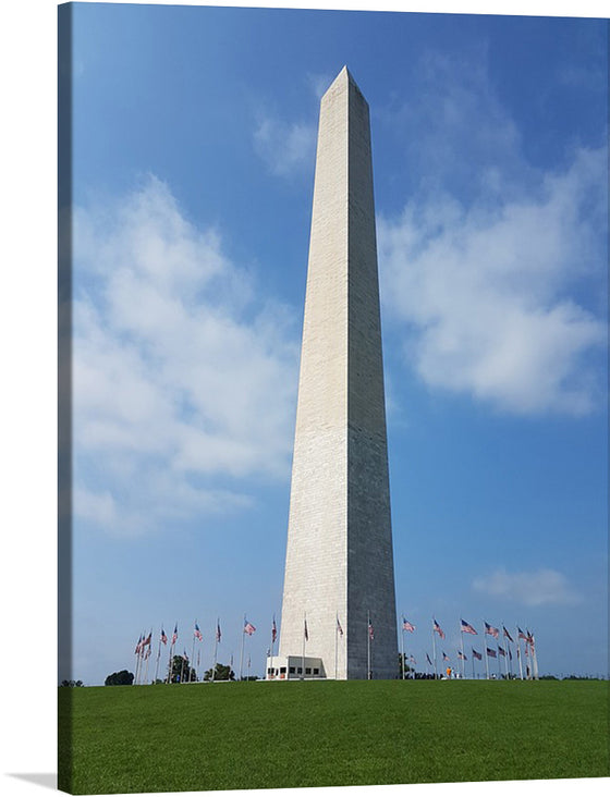 Adorn your space with a print of this iconic landmark, the Washington Monument. Standing majestically against a backdrop of a clear blue sky, the monument embodies the spirit and history of a nation. The lush green grass at its base and the array of fluttering flags create a scene of serenity and patriotism. This artwork captures not just an architectural marvel but a slice of American heritage. 