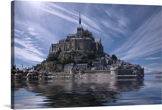 Immerse yourself in the enchanting allure of this exquisite print, capturing the iconic Mont Saint-Michel. Nestled amidst the serene waters and under the watchful gaze of a mesmerizing sky, this architectural masterpiece stands as a testament to human ingenuity and the captivating beauty of nature’s backdrop. Every detail, from the intricate design of the abbey to the quaint, charming houses that grace its base, is captured with stunning clarity.