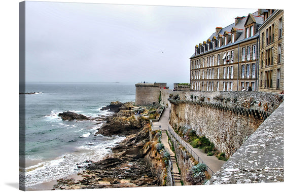 “Saint Malo France” is a captivating artwork that captures the timeless elegance and romantic allure of this iconic coastal town. The painting features a row of elegant buildings with classic architecture lining the top right side, their stately presence accentuated by numerous windows and steep roofs. 
