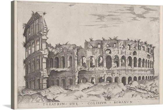 The “Speculum Romanae Magnificentiae: The Colosseum” print is a captivating visual journey into the heart of ancient Rome. The iconic Colosseum stands amidst the silent whispers of a bygone era, its majestic ruins telling tales of gladiatorial combats and roaring crowds. Every stroke captures the intricate details of the amphitheater’s architecture, while the surrounding desolation evokes a poignant mix of awe and melancholy. 