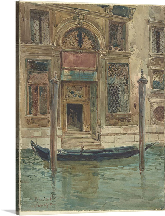 This exquisite print, a reproduction of a masterful watercolor painting, transports you to the timeless beauty of Venice. The artwork captures the tranquil waters, a gracefully moored gondola, and the architectural elegance of an aged building, each detail telling tales of a city where history and romance intertwine. The earthy tones, punctuated by splashes of blue-green reflections, invite viewers to step into a world where art and reality merge. 