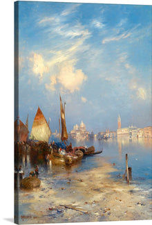  “A View of Venice” Thomas Moran is a mesmerizing tapestry of swirling colors and calligraphic brushstrokes. In this romantic vista, Moran dissolves the clouds, architecture, and reflections of Venice into a dreamlike composition. The Grand Canal, bathed in the warm hues of sunset, stretches before us, flanked by iconic landmarks—the Campanile of St. Mark’s Basilica and the domes of Santa Maria della Salute. 
