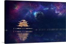  “Pagoda, Japan, Night, Reflection” is a mesmerizing artwork that captures the essence of Japanese architecture and cosmic allure. The image depicts an illuminated pagoda at night with its reflection visible in calm water below. A vibrant galaxy filled with stars serves as the backdrop; it’s colorful and mystical. 