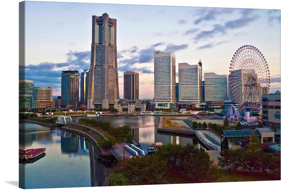 Immerse yourself in the breathtaking view of a cityscape at dusk, captured in this exquisite artwork. The print encapsulates the serene reflection of towering architectural marvels, mirrored on the tranquil waters below. A Ferris wheel, illuminated and vibrant, adds a touch of whimsy to the urban elegance. This piece is a harmonious blend of nature and city life; where clouds painted with the soft hues of sunset meet the structured beauty of skyscrapers. 