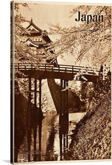  This print is a captivating journey into the serene beauty of Japan. It features a traditional Japanese building, a wooden bridge extending over tranquil waters, and blossoming cherry trees that add a touch of elegance. The sepia tone enhances the vintage charm, making this artwork not just a visual treat but an experience that touches the soul. It’s more than a piece of art—it’s a moment of calm, captured forever. 