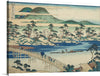 Katsushika Hokusai’s “Yamashiro Arashiyama Togetsukyo” is a stunning woodblock print that captures the essence of Japan’s natural beauty. The artwork depicts the Togetsukyo Bridge in Arashiyama, Japan, spanning the Oi River, with the surrounding mountains and trees providing a breathtaking backdrop.