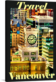  Immerse yourself in the vibrant and bustling cityscape of Vancouver with this exquisite print. The artwork captures a stunning view of the city, highlighting the iconic clock tower that stands majestically amidst modern and historic buildings. The rich, saturated colors breathe life into the urban jungle, offering a visual journey that beckons viewers to explore and discover the hidden gems of this cosmopolitan city. 