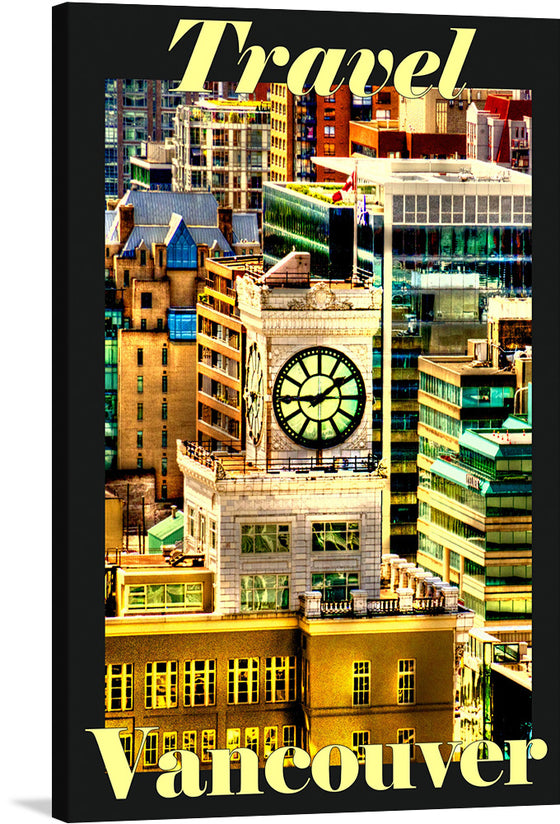 Immerse yourself in the vibrant and bustling cityscape of Vancouver with this exquisite print. The artwork captures a stunning view of the city, highlighting the iconic clock tower that stands majestically amidst modern and historic buildings. The rich, saturated colors breathe life into the urban jungle, offering a visual journey that beckons viewers to explore and discover the hidden gems of this cosmopolitan city. 