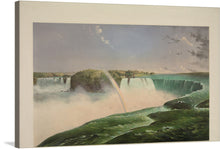  “The Falls of Niagara—From the Canada side (1868)” by B. Hess is a breathtaking testament to the raw power and serene beauty of one of nature’s most iconic landmarks. In this exquisite print, the cascading waters of Niagara Falls come alive, their tumultuous dance frozen in time. Against a clear blue sky, the falls plunge with majestic force, creating a mesmerizing spectacle.