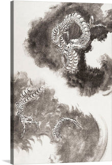  Unleash the mystical allure of the East into your space with this captivating print of an original artwork. The piece captures the majestic dance of two dragons amidst swirling clouds, a visual representation of power, wisdom, and grace.