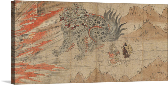 Prepare to be enchanted by an extraordinary scroll that transports you to a realm of mythical creatures. Witness the captivating clash between a demon and a dragon, immortalized in this stunning artwork. Embark on a journey through time and discover the profound origins of Kyoto's Kitano Tenjin Shrine. 