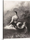 “The Siren Clothed In Barbs, Emerged From the Waves (1883)” by Odilon Redon is a mesmerizing lithograph that transports viewers into a realm where myth and reality intertwine. In this hauntingly beautiful piece, a siren emerges from tumultuous waves, her form adorned with sharp barbs. The grayscale palette adds to the enigmatic mood, while the intricate detailing captures the siren’s ethereal beauty. 