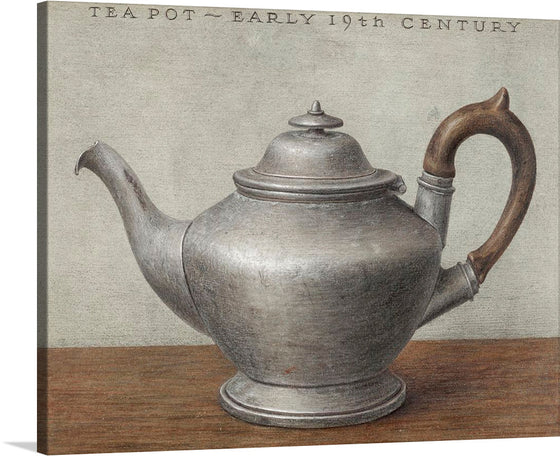 “Teapot (1935–1942)” invites you to step into the elegance and simplicity of early 20th-century design. This captivating print showcases a meticulously crafted teapot—an exquisite blend of lustrous silver and gracefully arched wooden handle. The intricate detailing on the tarnished silver body speaks of a bygone era’s craftsmanship. Every curve and texture transports viewers to a timeless sanctuary where sophistication reigns supreme. 