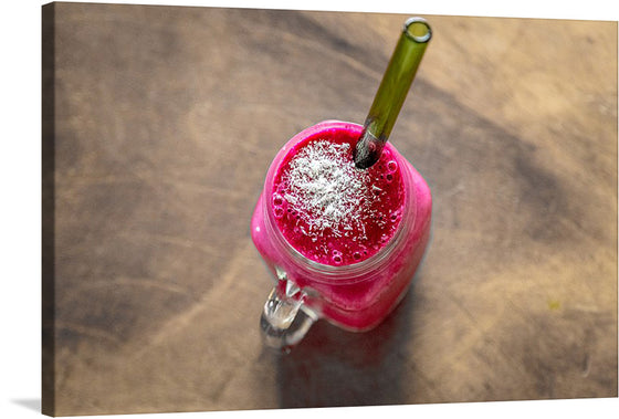 “Drinks (2016)” by Osha Key is a captivating artwork that encapsulates the essence of refreshing indulgence. The vivid portrayal of a vibrant pink beverage, garnished with a sprinkle of coconut flakes and served in an iconic mason jar, evokes an irresistible allure. 