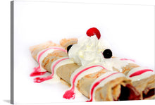  "Crepes with Fruit and Whip” is a beautiful print of a delicious dessert. The crepes are golden brown and rolled up, with a generous dollop of whipped cream on top. The fruit is a mix of red and black berries, and the whole dish is drizzled with a sweet red sauce.