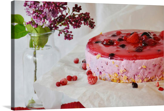 “Dive into a world of sensory delight with our ‘Raspberry Ice Cream Cake’ art print. The image features a delicious-looking raspberry ice cream cake placed on white parchment paper. The cake has a glossy red topping adorned with various berries including strawberries and blueberries. 
