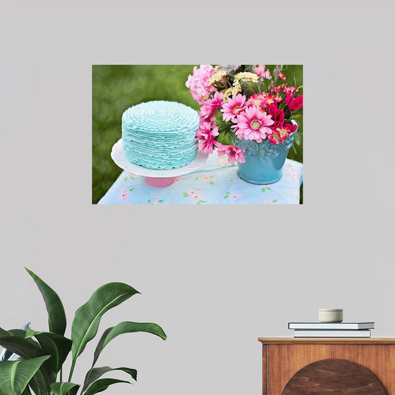 "Blue Cake and Pretty Flowers"