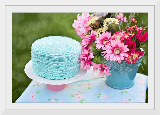 "Blue Cake and Pretty Flowers"