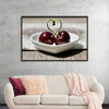 "Pair of cherries in small bowl"