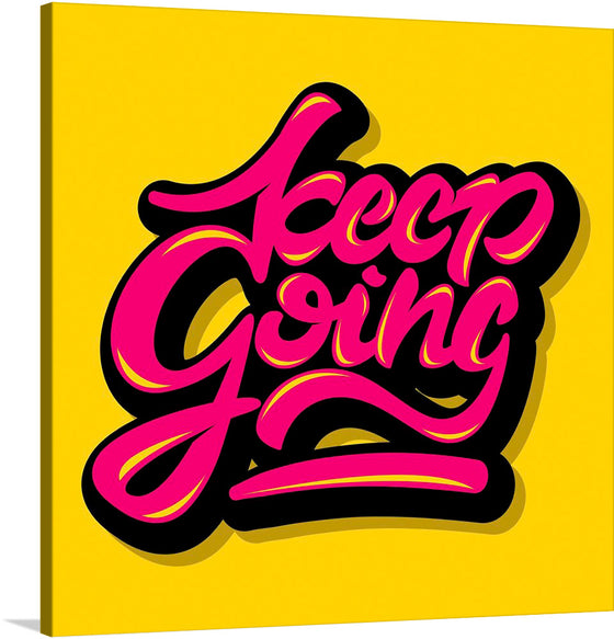 “Keep Going” is a vibrant and dynamic artwork that is a visual embodiment of perseverance and motivation. The bold, fluid typography dances against a radiant yellow backdrop, creating an energizing interplay of color and form.