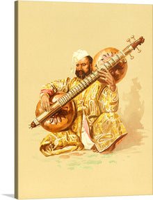  Immerse yourself in the enchanting world of music and culture with this exquisite artwork print. The piece captures a musician, adorned in intricate golden attire, skillfully playing a traditional stringed instrument. Every stroke of paint breathes life into the scene, inviting viewers to experience a harmonious blend of art and melody. 