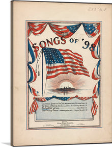  “The Songs of '98” is a nostalgic journey back to a pivotal year in music history. This captivating print encapsulates the spirit of 1998—a time when pop planets aligned, and hits orbited in perfect harmony. The central focus is an elegantly draped American flag, symbolizing patriotism and unity. Below, an illustration of a ship glides across the water at sunset or sunrise, evoking adventure and hope. 