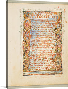  “Songs of Innocence- Introduction” by William Blake: Immerse yourself in the enchanting world of William Blake with a premium print of this timeless masterpiece. Every intricate detail, from the harmonious blend of warm hues to the meticulously crafted text, is captured with stunning clarity. 