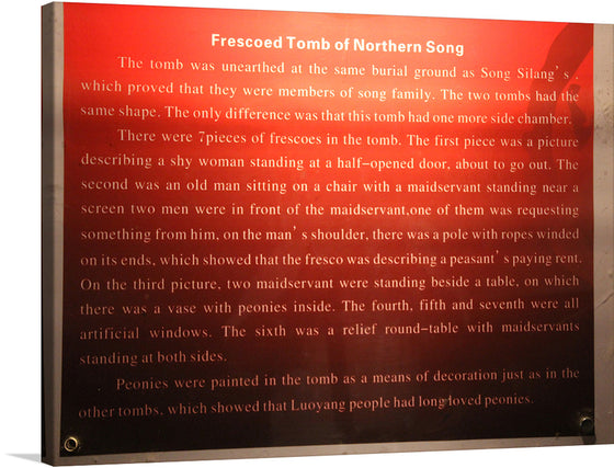 Gary Todd’s “Northern Song Fresco Tomb” print is a stunning tribute to the ancient Song family’s existence. The artwork encapsulates seven distinct frescoes, each telling tales of life and legacy. From a shy woman at a half-opened door to maidservants amidst artificial windows, every scene is a blend of meticulous artistry and profound storytelling. 