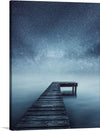 Step into a world where the boundaries between reality and fantasy are blurred with this mesmerizing artwork. The print captures a tranquil yet enigmatic scene of a wooden dock extending into an ethereal mist, under the celestial dance of a starlit sky. Every gaze upon this piece promises to transport you to a realm of serenity, offering an escape from the mundane and an invitation to contemplate the infinite wonders of the universe.