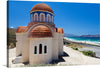 “Orthodox Church” is a captivating artwork that captures the architectural elegance of a pristine Orthodox church, set against the breathtaking backdrop of a vibrant blue sky and crystalline waters. The intricate details of the church’s design, including the ornate red-tiled dome roof and arched windows, are rendered with stunning clarity.