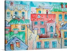  Immerse yourself in the whimsical charm of this vibrant artwork. This print captures the eclectic spirit of a bustling neighborhood, with each building telling its own unique story. The watercolor palette breathes life into the scene, where every hue dances vividly across the canvas. 