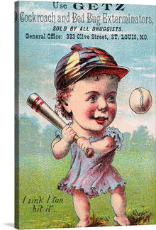  This captivating vintage print is a delightful fusion of nostalgia and sportsmanship. The whimsical cartoon depicts a baseball player, clad in a blue uniform and sporting a red hat, mid-swing as he connects with a baseball. The vibrant green field and clear blue sky form the backdrop, evoking memories of sun-drenched afternoons at the ballpark. 