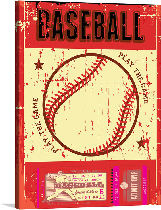 Step into the nostalgic world of America’s favorite pastime with this vintage-inspired baseball artwork. Every stitch of the iconic baseball, set against a backdrop reminiscent of old-school game tickets and bold typography, evokes the timeless spirit of the sport. This print, rich in detail and character, is a tribute to the golden era of baseball. It’s perfect for enthusiasts looking to bring a touch of history and classic charm to their spaces. 