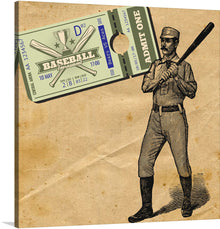  Step into the nostalgic world of “Baseball” by Linnaea Mallette, a captivating artwork that seamlessly blends the vintage allure of America’s favorite pastime with artistic elegance. This exquisite print features a classic baseball player, poised and ready to swing, set against the backdrop of an iconic ticket stub that evokes memories of exciting games and triumphant victories. 