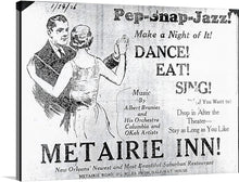   “Snap Pep Jazz Abbie Brunies Orch at Metairie Inn 1926”. This vintage advertisement is a window into the past, capturing the essence of a bygone era defined by its vivacious spirit and cultural richness. The artwork features two people dancing, with one person’s face obscured for privacy or ethical reasons. 