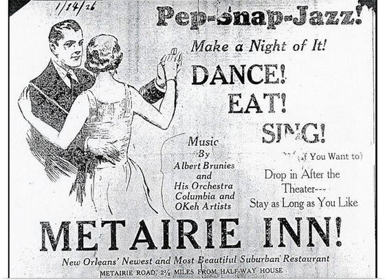 "Snap Pep Jazz Abbie Brunies Orch at Metairie Inn 1926"