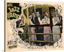  Step back in time with “His Jazz Bride”, an evocative artwork that encapsulates the roaring twenties’ exuberance and elegance. This print is a harmonious blend of vintage photography and artistic embellishment, capturing a lively scene of elegantly dressed individuals engrossed in jubilant celebration. Musical notes dance around the image, weaving through the air as if carried by the tunes of a live jazz band. 