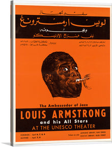  Immerse yourself in the golden era of jazz with this exclusive print of the “Louis Armstrong Poster Beirut 1959”. Crafted by the U.S. Information Agency, Bureau of Programs, this masterpiece encapsulates the iconic performance of the legendary Louis Armstrong and his All Stars at the UNESCO Theater. 