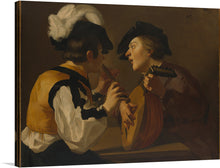  This exquisite artwork captures a timeless scene of two musicians engrossed in a harmonious performance. The figures exude an air of elegance and skill, their hands gracefully navigating the instruments. A lute player, adorned in a golden outfit with black ribbons, is complemented by the panpipe player’s muted attire. 