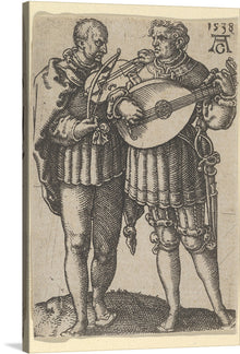  This exquisite print, dated 1538, captures a timeless scene of two musicians engrossed in a harmonious performance. The intricate detailing and the classical attire they adorn breathe life into this artwork, making it a piece that transcends time. Every stroke tells a story of an era where music was not just an art but a soulful expression, echoing the rhythms of life and the melodies of the universe. 
