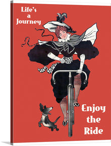  Immerse yourself in the whimsical charm of this exclusive print, where vintage allure meets contemporary artistry. “Life’s a Journey, Enjoy the Ride” encapsulates the spirit of adventure and freedom. A stylish woman rides a classic bicycle against a vibrant red backdrop that breathes life and energy into any space. Accompanied by her loyal canine companion, they embark on an endless journey together - a visual representation of life’s beautiful odyssey.