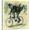 This print is a satirical illustration from the late 19th century. It depicts a man in a top hat and tails riding a bicycle with a Bible in his pocket. The title “Even the Church Has Got It” suggests that the artist is poking fun at the idea of the church embracing modern technology and trends.